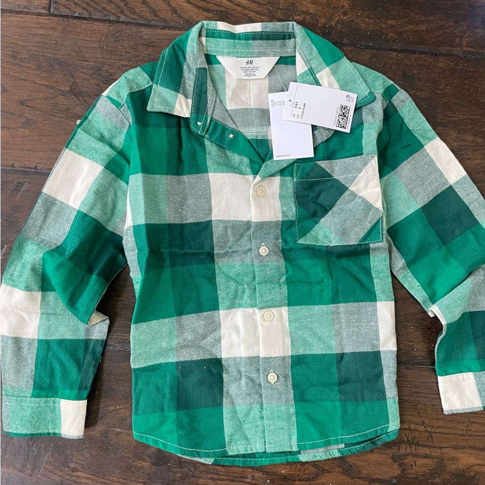 NWT Green flannel Plaid Kids Shirt by H&M kids size 5-6y